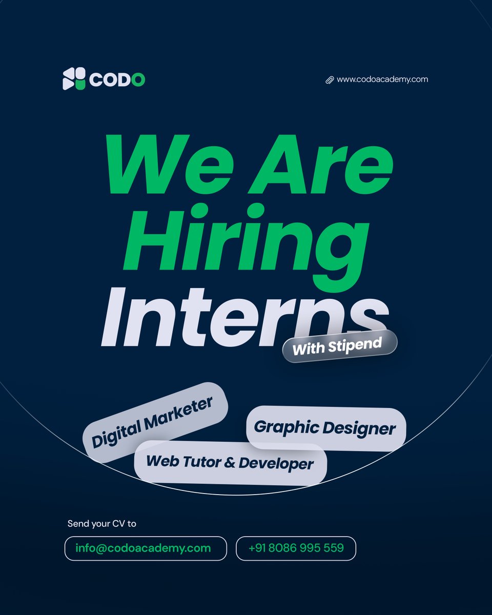 codo_ai's tweet image. 🚀 CODO is hiring interns! (Paid)

📍 Roles:
• Digital Marketer
• Graphic Designer
• Web Dev/Tutor
📩 Apply: info@codoacademy.com
#Hiring #TechInternships #NoCode #CODO