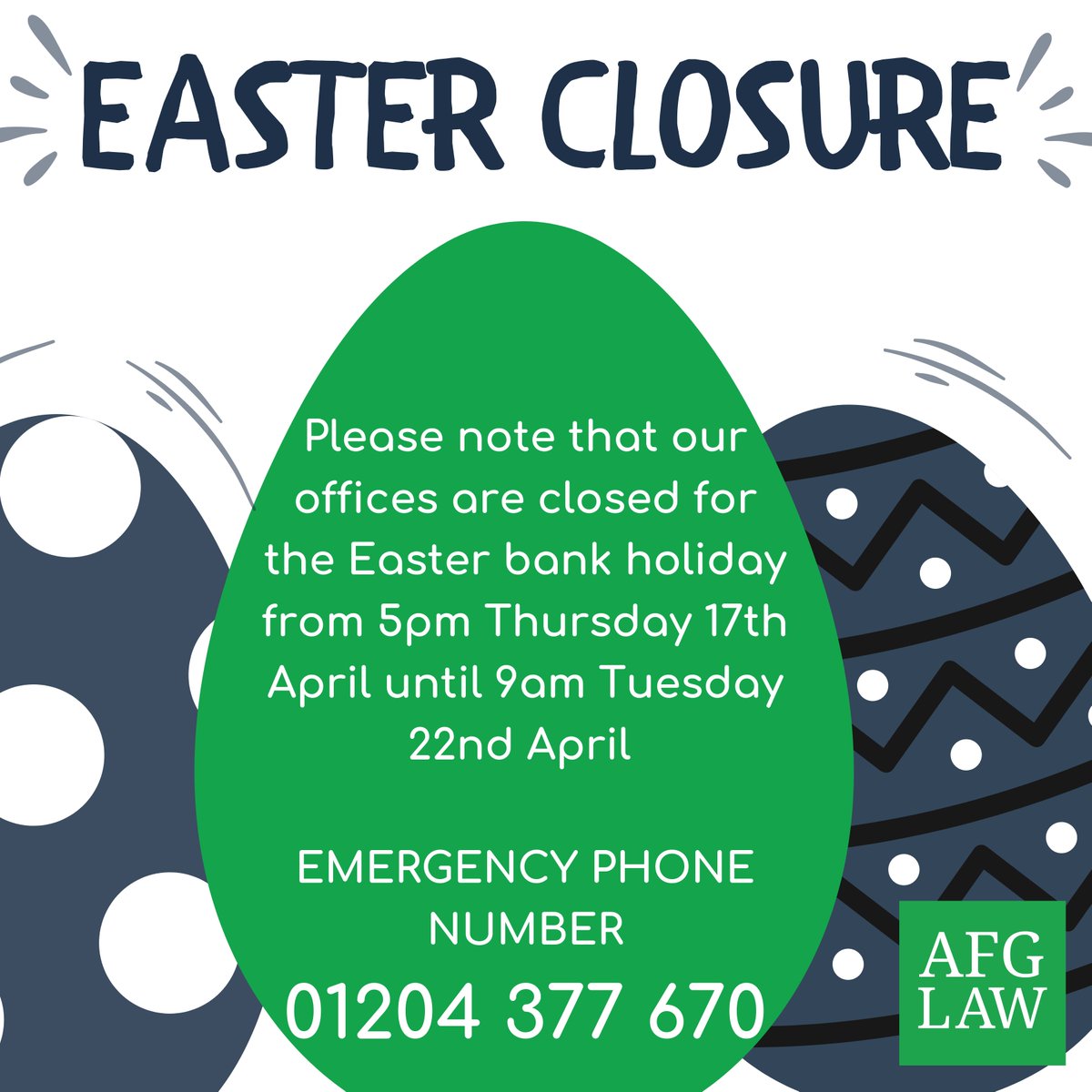 Our offices are now closed for the Easter bank holiday weekend!

If you need to speak to a solicitor during this period as someone has passed away, or for urgent children services, you can get in touch with us 9am-5pm today and Monday by calling 01204 377 670.

#afglaw