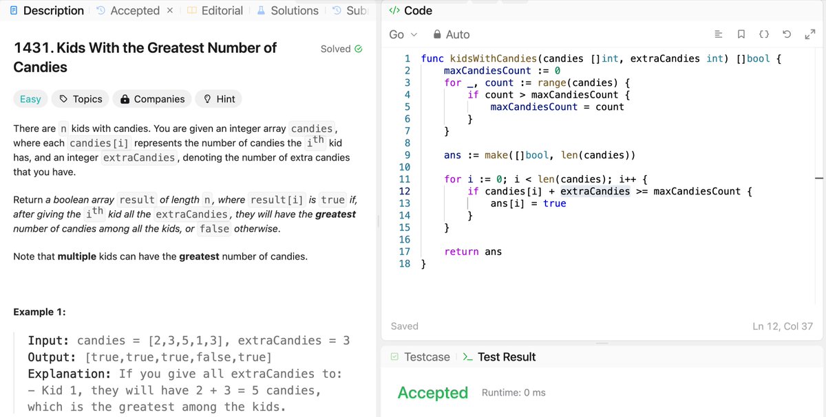 the_code_club's tweet image. Starting long weekend with an easy Leetcode problem using #Golang.
1431. Kids With the Greatest Number of Candies.
#LeetcodeEasy