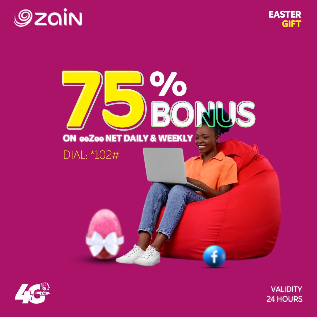 Easter just got better with Zain!
As our special Easter gift to you, enjoy a 75% BONUS on all eeZee Net Daily &amp; Weekly bundles.
Stay connected, stream, and share the joy 
Dial *102# and select option 1 or 2 to activate and enjoy the bonus. Valid for 24 hours only don’t miss out