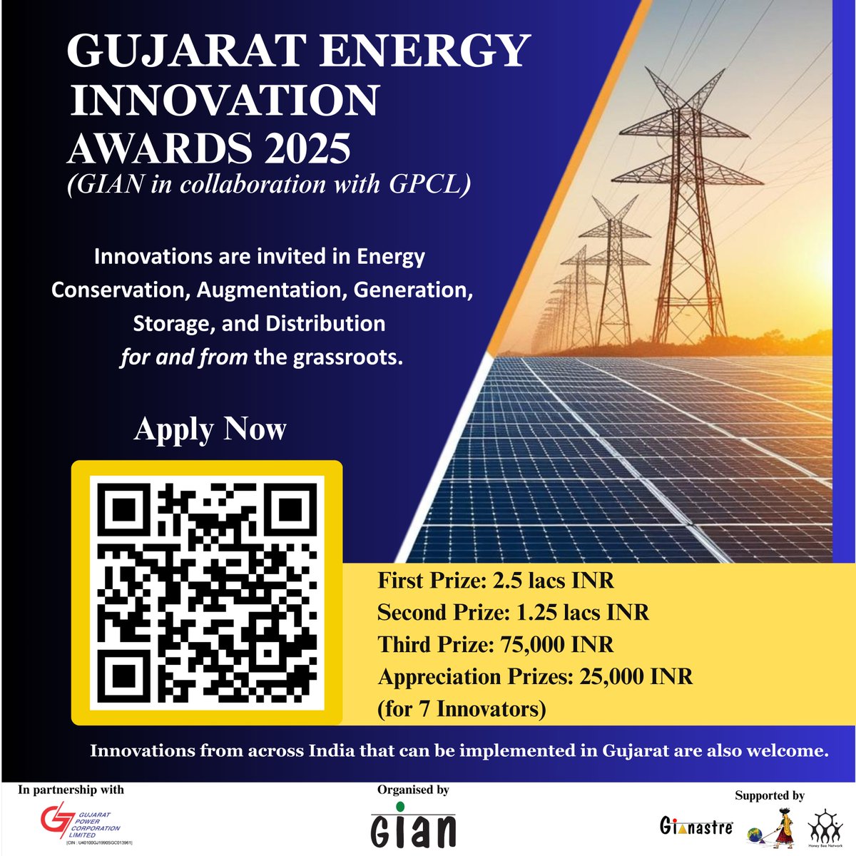 Gujarat Energy Innovation Awards 2025 is searching for impactful sustainable energy innovations.
Have you got innovation in Energy Conservation, Generation, Augmentation, Storage, or Distribution?
Apply👉 bit.ly/4jCcyKk
#energy #innovation #gian #grassroots #sustainable