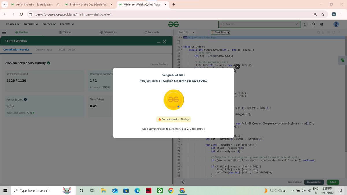 amanchandra___'s tweet photo. 🎯 @geeksforgeeks 160 Days of Problem Solving Challenge
✅ Day 150 of the #gfg160 challenge completed!

Problem of the Day : Minimum Weight Cycle

#gfg160 #geekstreak2024 #problemsolving #codingchallenge #potd #gfg #geeksforgeeks #codingstreak #DSA https://t.co/TiAO4gspK6