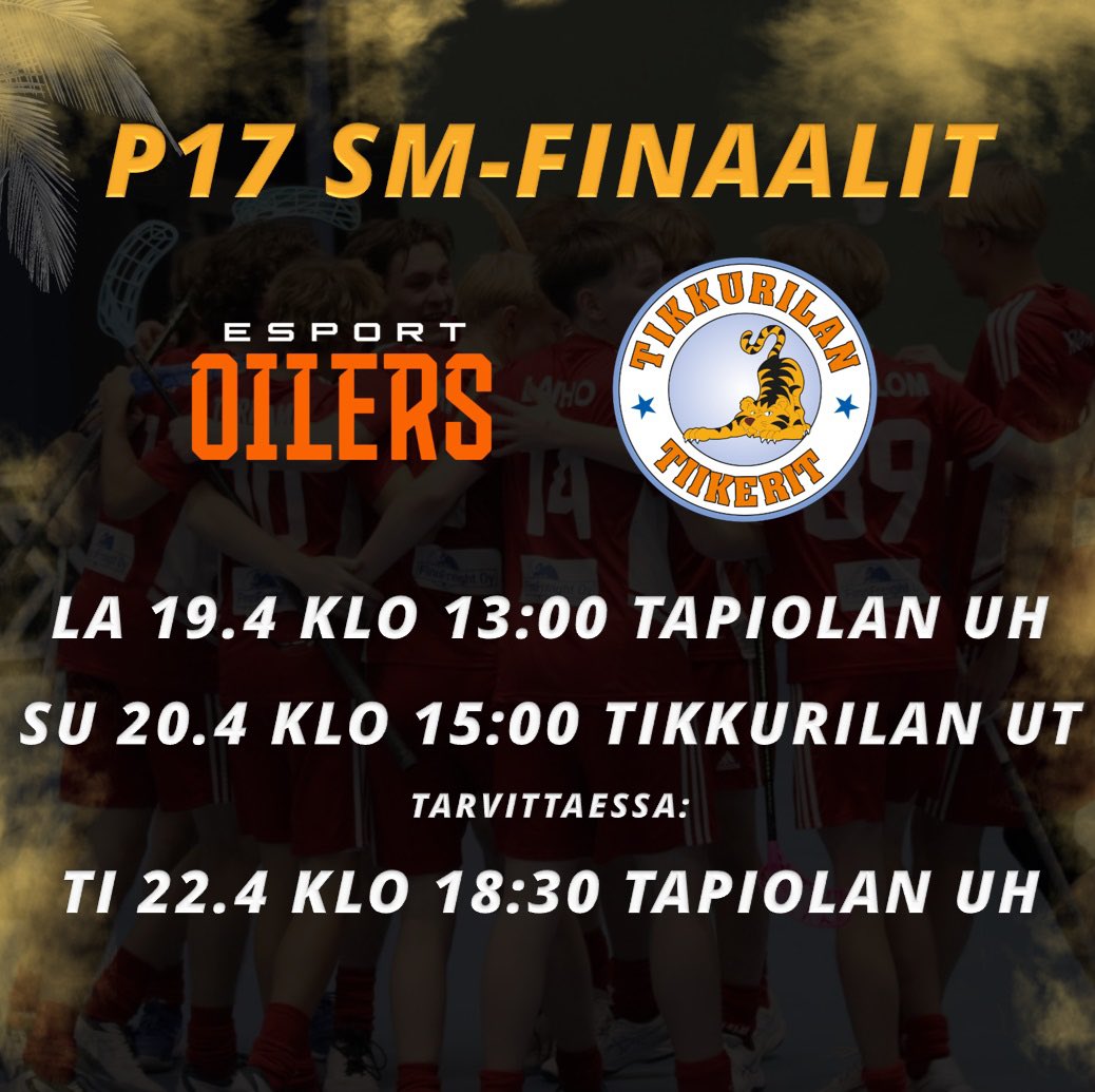 P17 SM-finaalit käynnistyvät!

Finaalissa kohtaavat runkosarjan kaksi parasta joukkuetta Oilers ja Tiikerit.
Sarja käynnistyy Tapiolan Urheiluhallilla la 19.4 klo 13. Tikkurilan Urheilutalolla pelataan su 20.4 klo 15 ja tarvittaessa 3. peli Tapiolassa ti 22.4 klo 18.30.