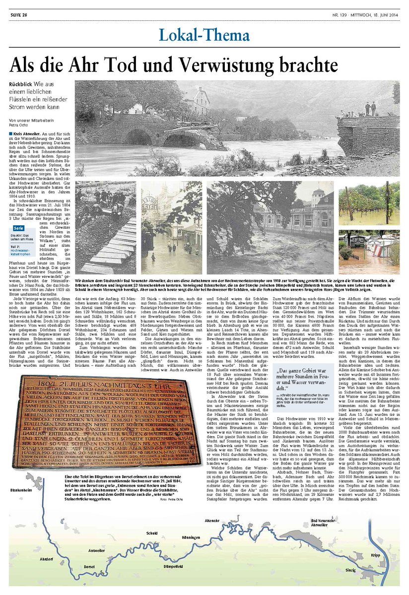 Ein alter Artikel zu den Ahrtal Fluten von 1910, sowie ein wenig von 1804. Um dem von Klimadoomern erweckten Eindruck entgegenzuwirken, der Klimawandel habe 2021 zugeschlagen.