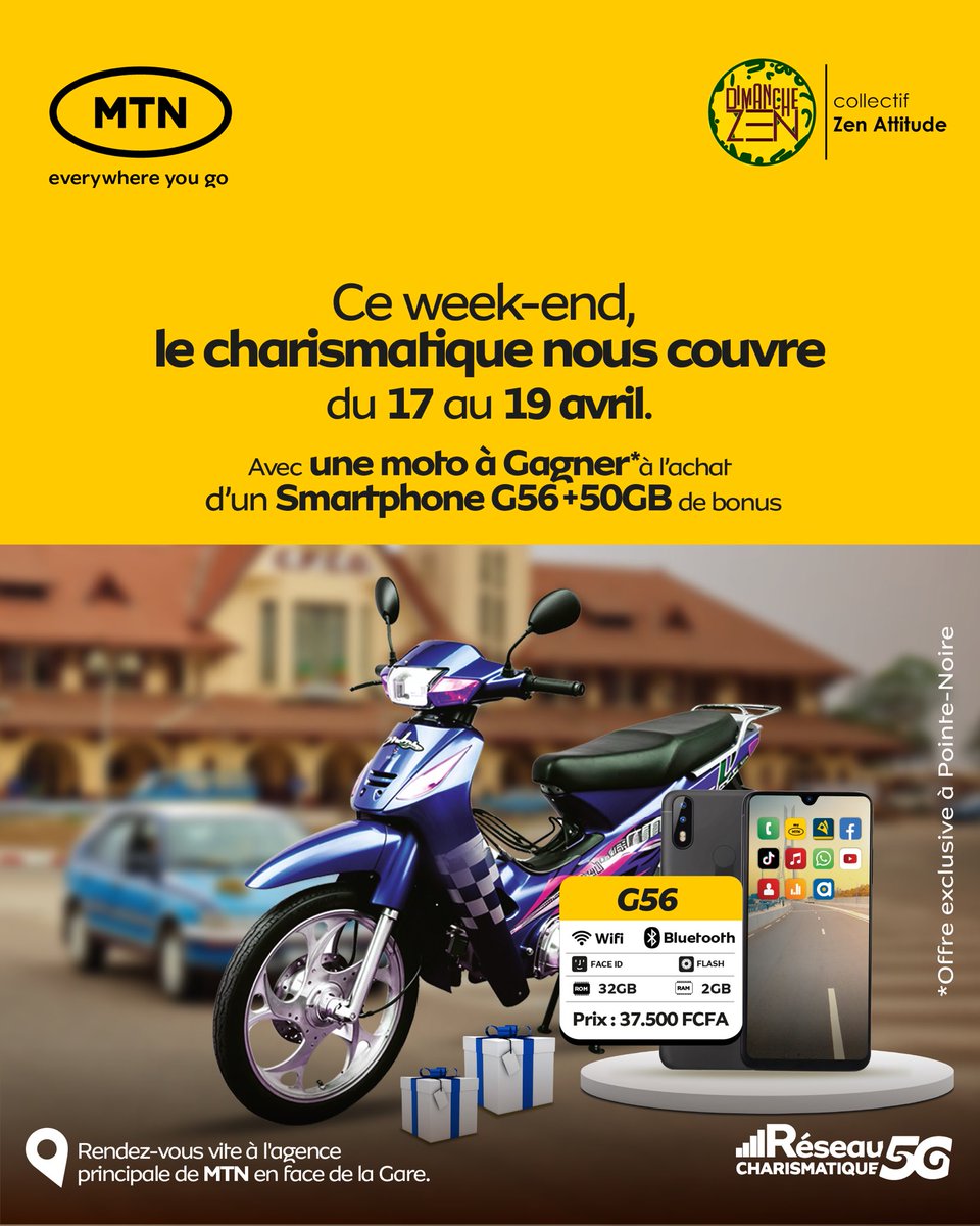 Yaya repars avec une moto 🏍️😁
en achetant ton smartphone G56 + 50Go 

Offre exclusive à Pointe-Noire, à l’agence en face de la Gare Ne rate pas ça !!! Oooh na lobaki te 

Toujours connecté avec MTN

#alorsonfaitquoiaujourdhui #charismatique