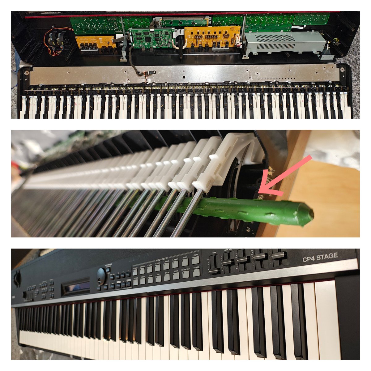 kenbow777's tweet photo. 1年ぶり✨
メンテナンス完了!
一部鍵盤、倍音が鳴る不具合💧
鍵盤ズレ防止目的に
園芸用の緑棒の長さ、太さが最適😊
基盤に接点復活スプレー使用
ボディも車用アーマオールでピカピカ✨
#マニアックネタ
#YAMAHA
#CP4STAGE
#シンセサイザー https://t.co/mw6iheW53X