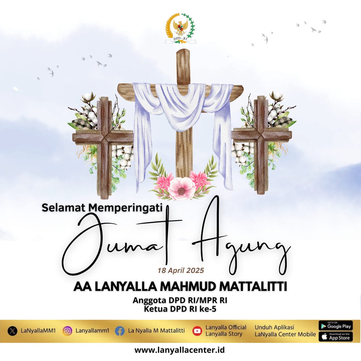 Selamat memperingati Jumat Agung bagi seluruh umat Kristiani.

#lanyalla #dpdri #JumatAgung