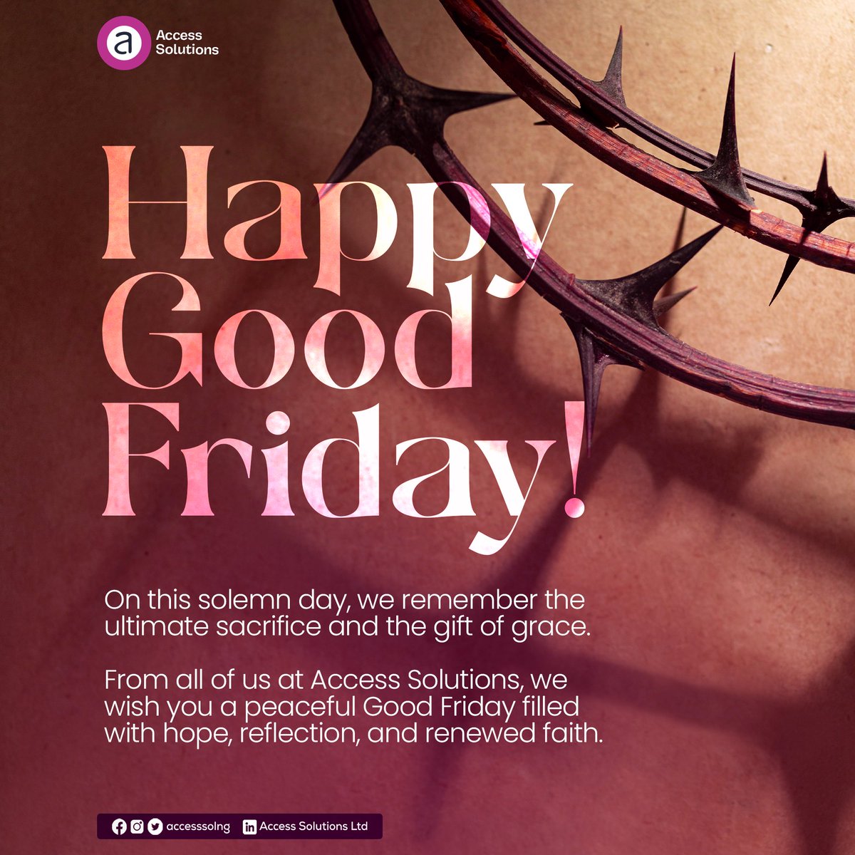 accesssolng's tweet photo. Today, we pause to remember the ultimate sacrifice – a symbol of love, hope, and redemption.

At Access Solutions, we wish you a solemn and peaceful Good Friday.

#goodfriday #accesssolutions #dayofreflection #hopeandredemption https://t.co/Cp6yEPquVb