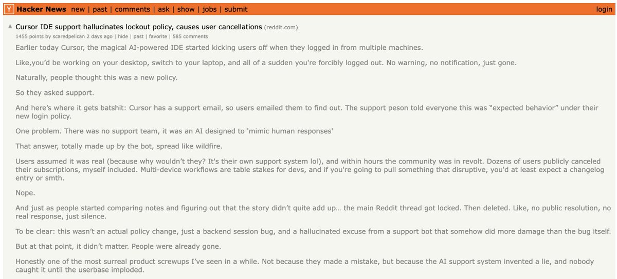JulienSalinasEN's tweet image. There has been a backlash against Cursor over the last couple of days.

It seems that the Cursor support system is 100% based on AI, and it clearly gave very bad answers to users who could not log into Cursor because of a bug, leading to many customers cancelling their…