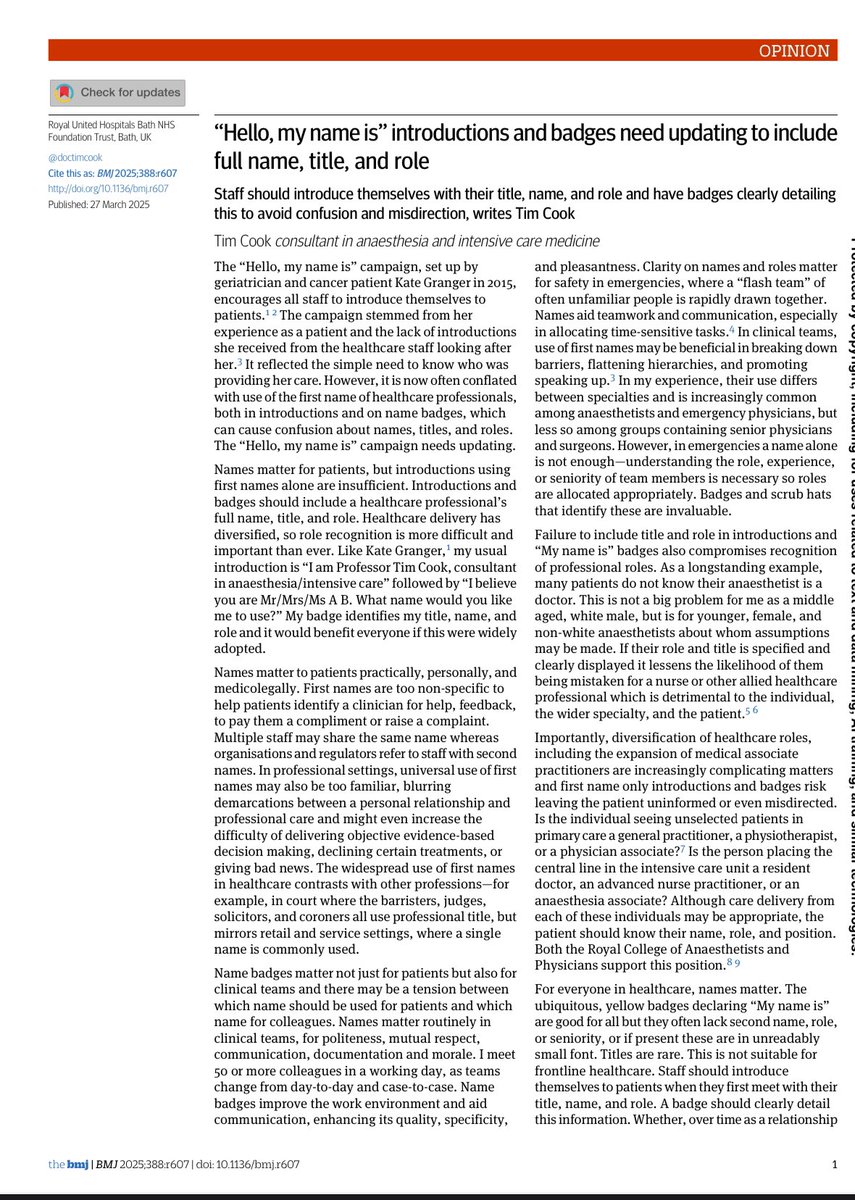 “Hello, my name is” introductions &amp; badges need updating to include
full name, title &amp; role

bmj.com/content/bmj/38…

Choices choices