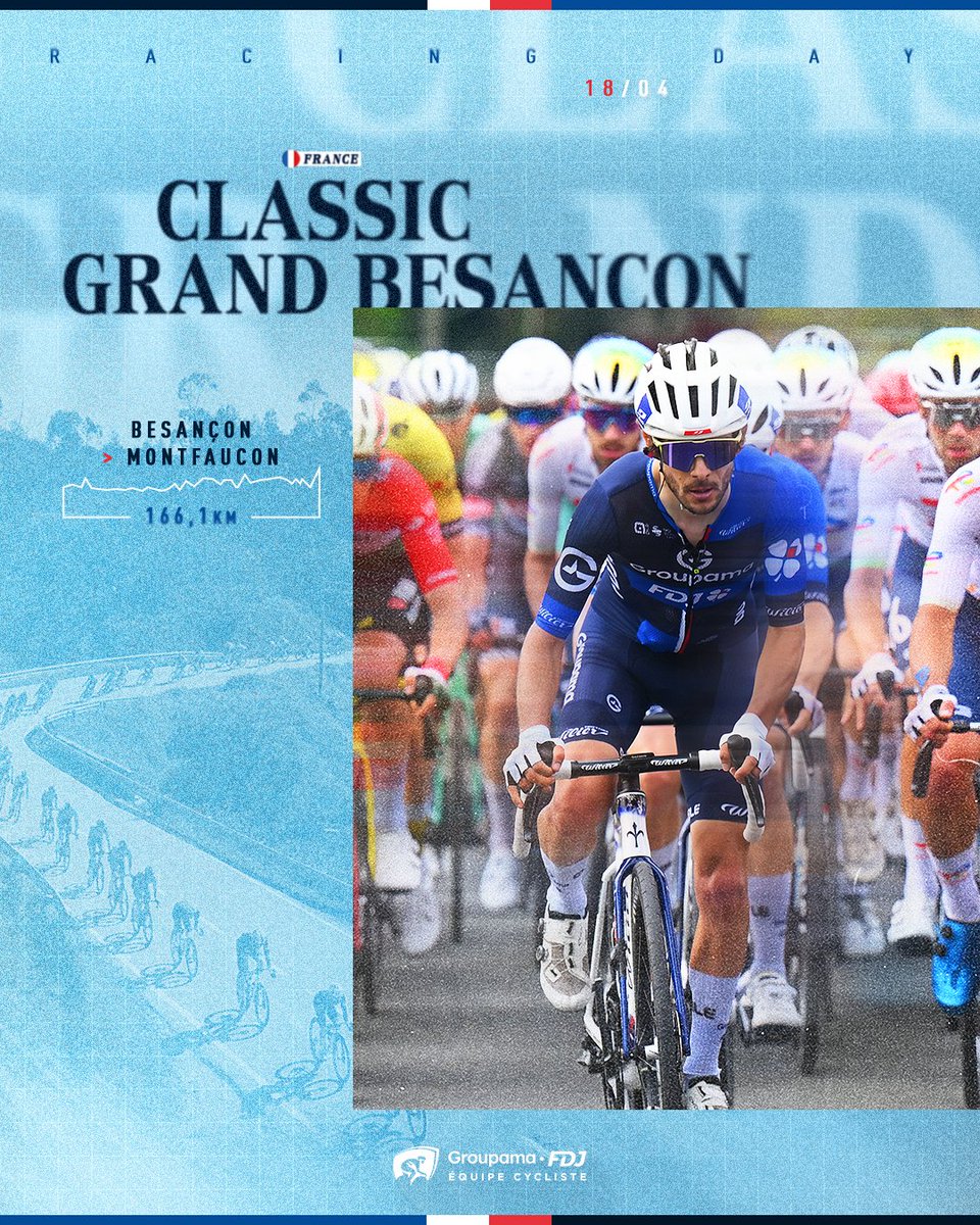 🟡🔵 Acte 1 - 𝗖𝗹𝗮𝘀𝘀𝗶𝗰 𝗚𝗿𝗮𝗻𝗱 𝗕𝗲𝘀𝗮𝗻𝗰̧𝗼𝗻  
🚩 Besançon ▶️🏁 Montfaucon (3,9km à 8,9%) 💥
Départ : 11h50 👊