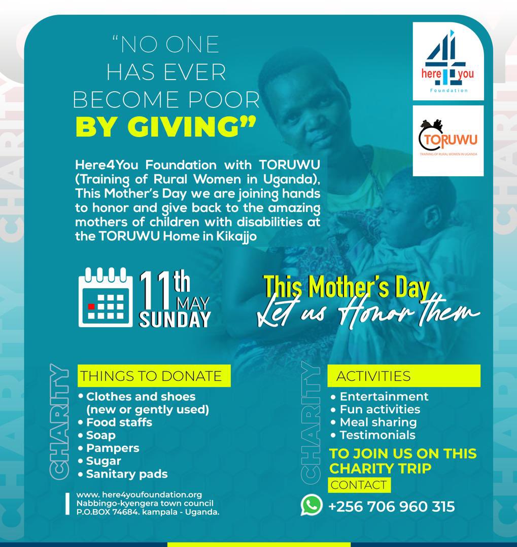 here4youUg's tweet photo. 🥳🥳🥳this Mother’s Day 🌺🌺
Here4you foundation will celebrate mothers of children with disabilities at TORUWU Home, We kindly invite you to be part of this heartfelt initiative through donations of essential items.
Together,we can mak this Mother’s Day unforgettable for them! https://t.co/LUU8LOyIJm
