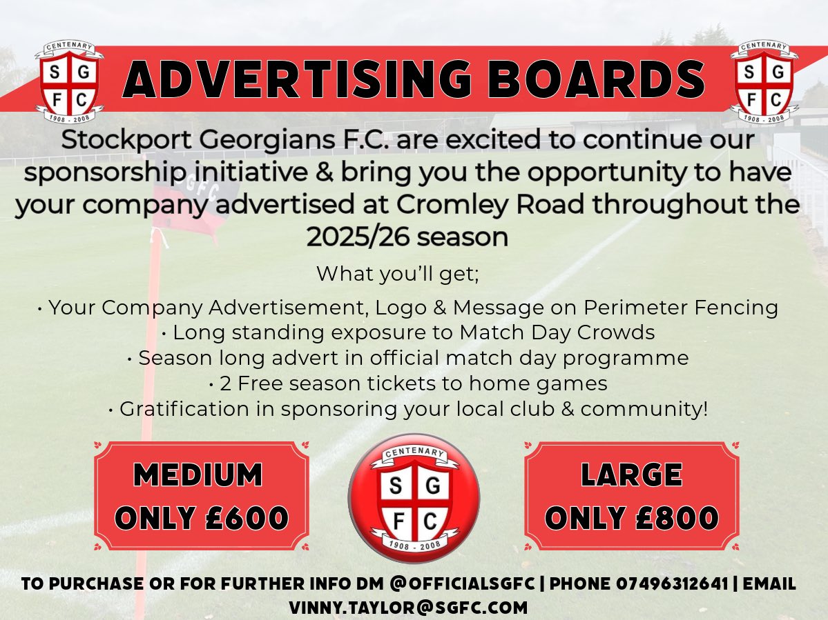 🫵 𝗪𝗲 𝗻𝗲𝗲𝗱 𝘆𝗼𝘂𝗿 𝘀𝘂𝗽𝗽𝗼𝗿𝘁

🤝 Advertising boards are a great way to support your local Football Club whilst in return receiving great exposure for your Business 

📰 See the attached poster for further information

📱📧 📞 Please get in touch if you’re interested!