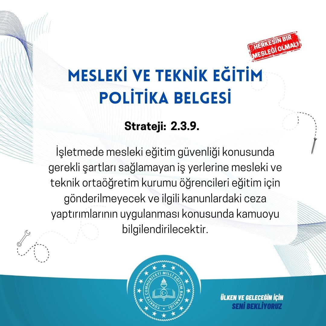 Mesleki ve Teknik Eğitim Politika Belgesi Serisinden      
📌“Herkesin bir mesleği olmalı... "
<a href="/tcmeb/">Millî Eğitim Bakanlığı</a>
<a href="/Yusuf__Tekin/">Yusuf Tekin</a>
<a href="/_Ali_KARAGOZ/">Dr. Ali KARAGÖZ</a>