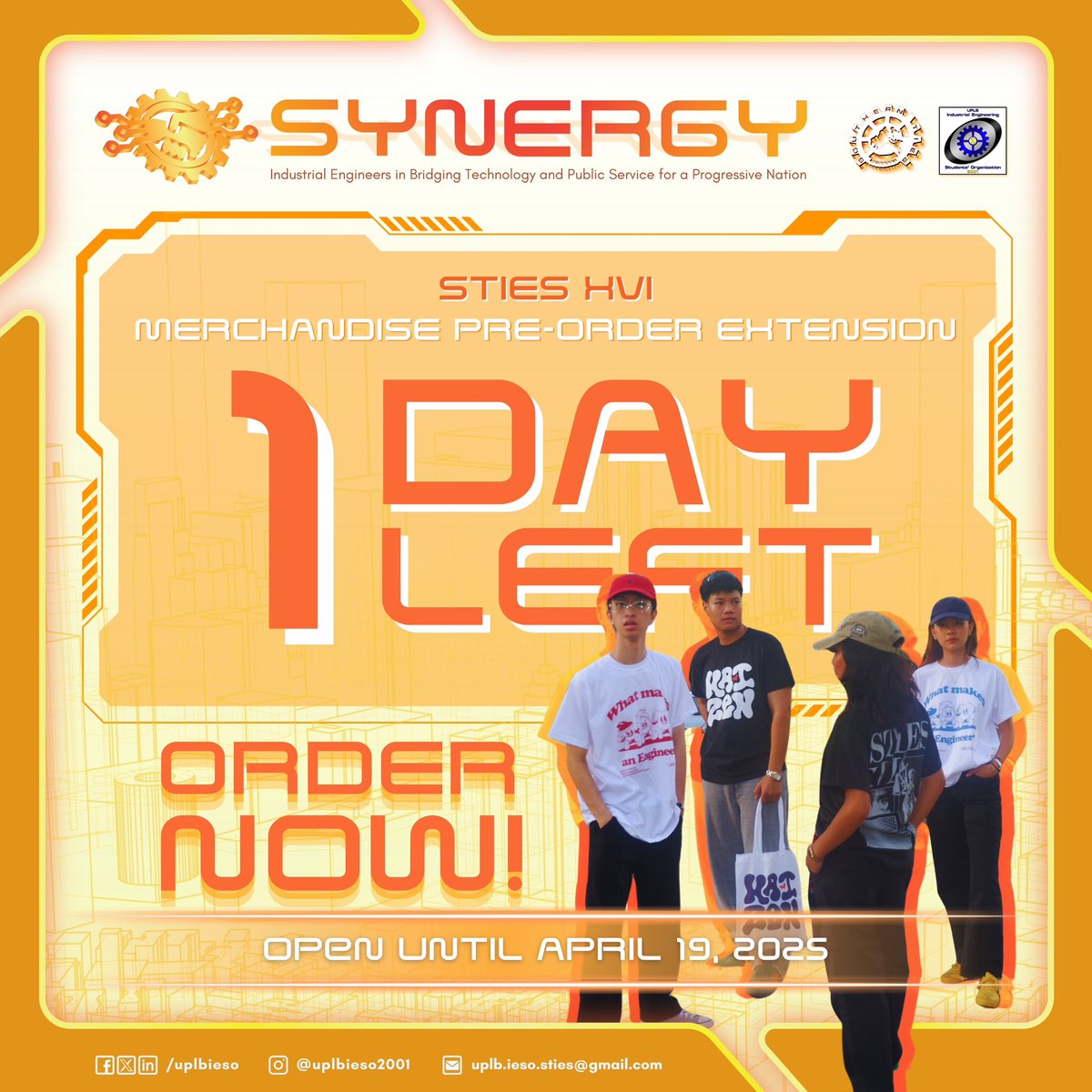 uplbieso2001's tweet photo. 🛠️ 𝟏 𝐃𝐀𝐘 𝐋𝐄𝐅𝐓 to grab your SYNERGY merch! 🛠️

Don’t miss your FINAL CHANCE to secure the exclusive STIES XVI collection — T-shirts, lanyards, stickers &amp; keychains made for future-shaping IEs!

Pre-orders close TOMORROW, April 19!

🔗 https://t.co/R3hnGNItjj

 #STIESXVI https://t.co/NylV2fWxQy
