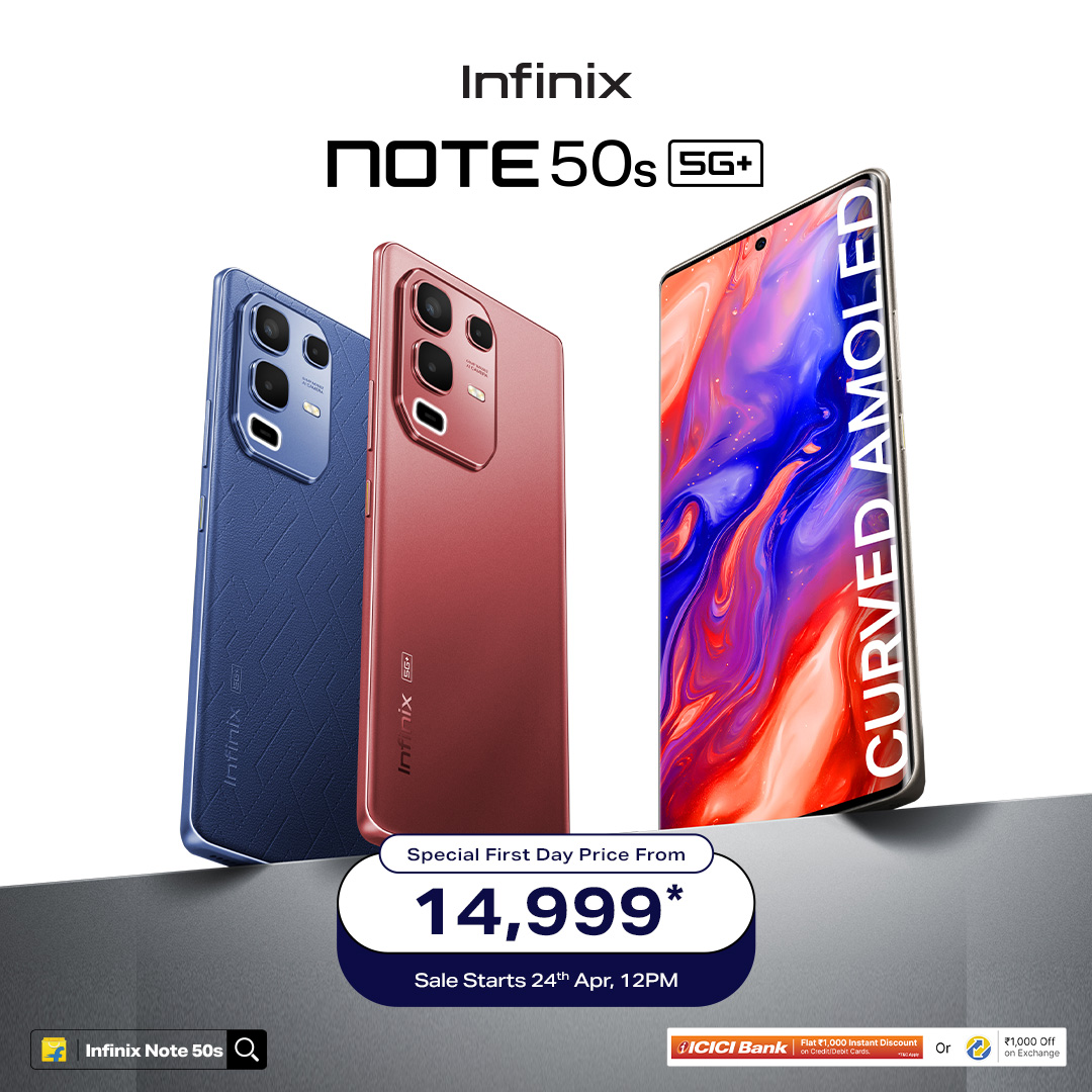 InfinixIndia's tweet image. Time to redefine your smartphone experience!

India&apos;s Slimmest Smartphone with a 144Hz Curved AMOLED Display is here!

The Infinix #Note50s5G starts at just ₹14,999*! 

Sale starts 24th April, only on Flipkart!

Check it out: infinixindia.co/Note50s

#NOTEkaro
