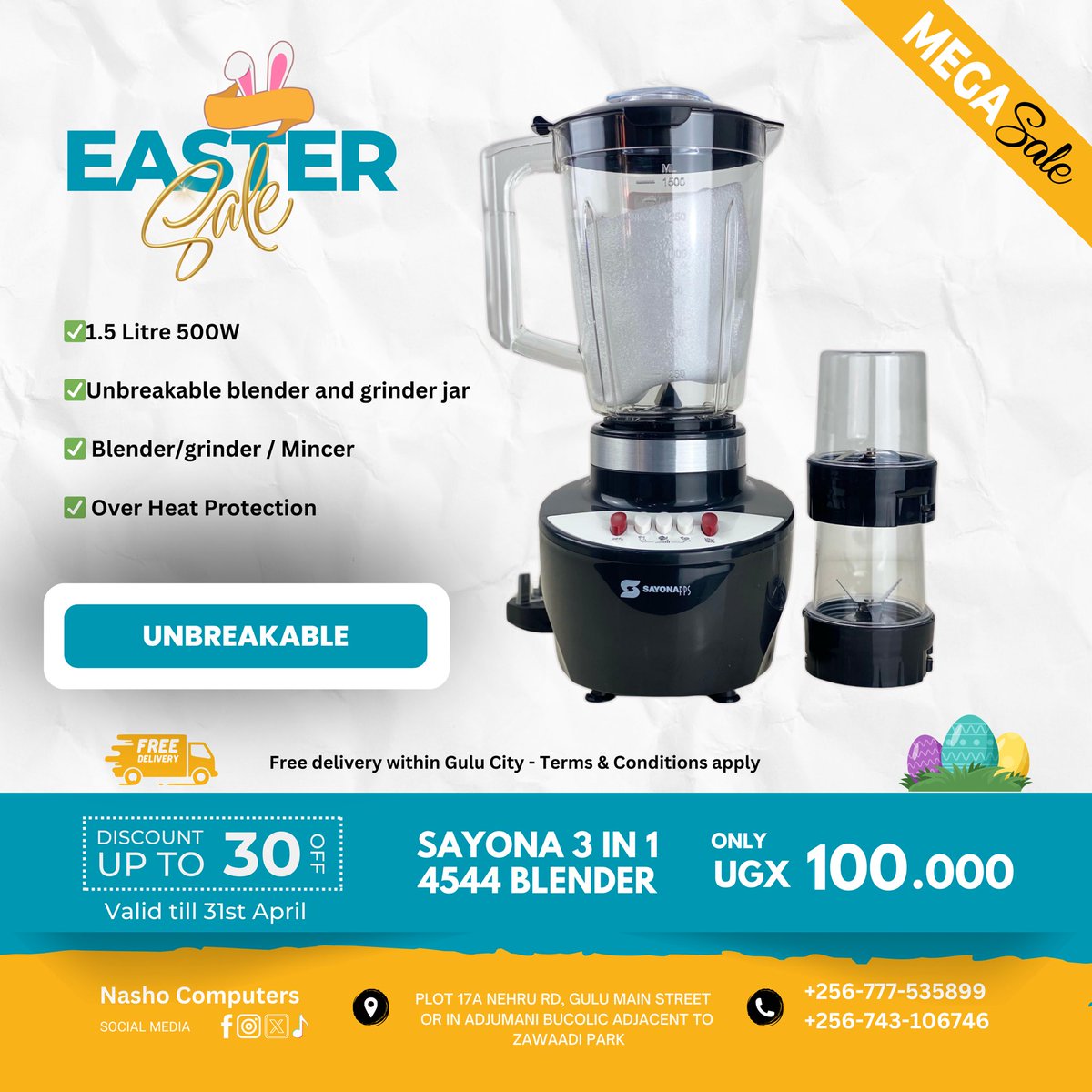 ComputersNasho's tweet photo. 🔥 EASTER BLENDER PROMO! 🔥

Upgrade your kitchen this Easter

✅ 1.5L Unbreakable Jars
✅ Blend, Grind &amp; Mince
✅ Overheat Protection
✅ Free Delivery in Gulu City

📍 Visit us: Plot 17A Nehru Rd, Gulu OR Adjumani 📞 +256-777-535899 +256-743-106746. Don’t miss out blend smarter https://t.co/UUuqYGVGdK