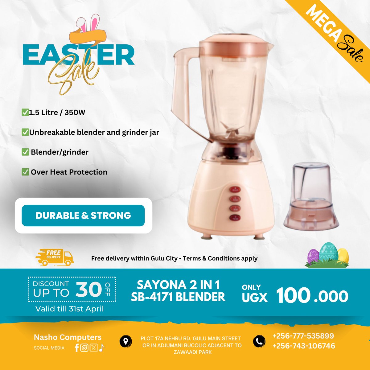 ComputersNasho's tweet photo. 🔥 EASTER BLENDER PROMO! 🔥

Upgrade your kitchen this Easter

✅ 1.5L Unbreakable Jars
✅ Blend, Grind &amp; Mince
✅ Overheat Protection
✅ Free Delivery in Gulu City

📍 Visit us: Plot 17A Nehru Rd, Gulu OR Adjumani 📞 +256-777-535899 +256-743-106746. Don’t miss out blend smarter https://t.co/UUuqYGVGdK