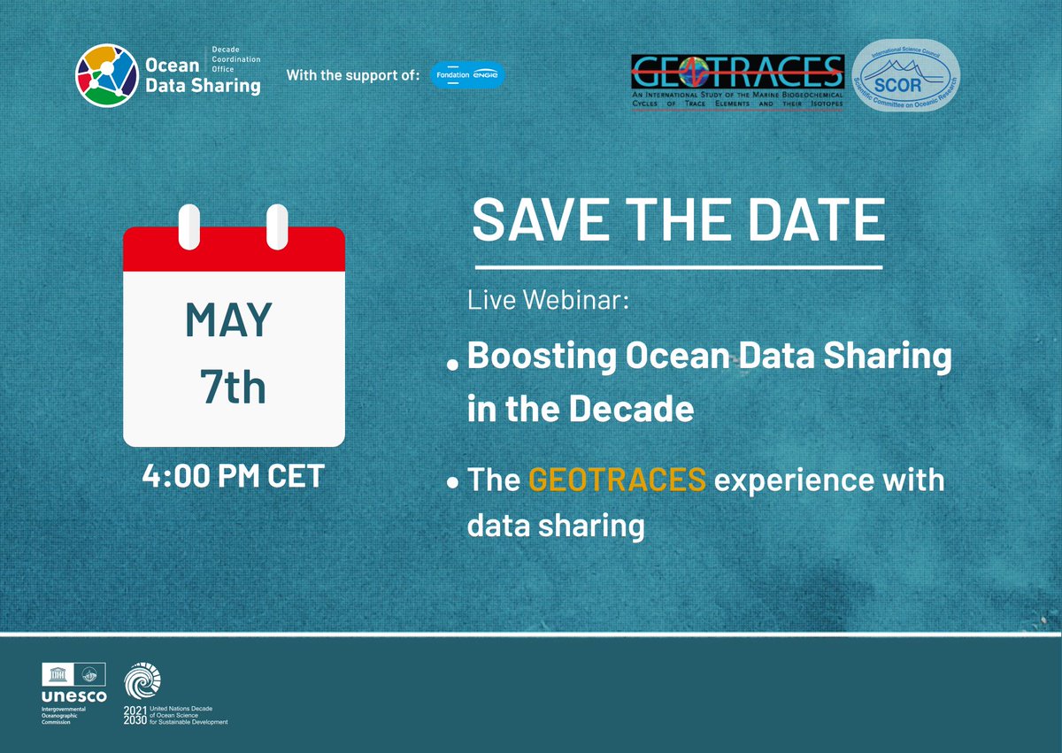 📅 Save the Date!

GEOTRACES will participate in the upcoming webinar 
“Boosting Ocean Data Sharing in the UN Ocean Decade”

🕓 May 7th, 2025-  4 PM CET / 10 AM ET
🔗 Registration details coming soon — stay tuned!

#DataSharing
<a href="/UNOceanDecade/">UN Ocean Decade</a> 
<a href="/SCOR_Int/">SCOR</a>