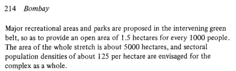 Mumbai 

The Plan: Recreation areas, parks, open spaces should be 1.5 hectares for every 1000 people OR 10 square meter per person

Reality: Recreation areas, parks, open spaces are 1 square meter per person. The Lowest in the World