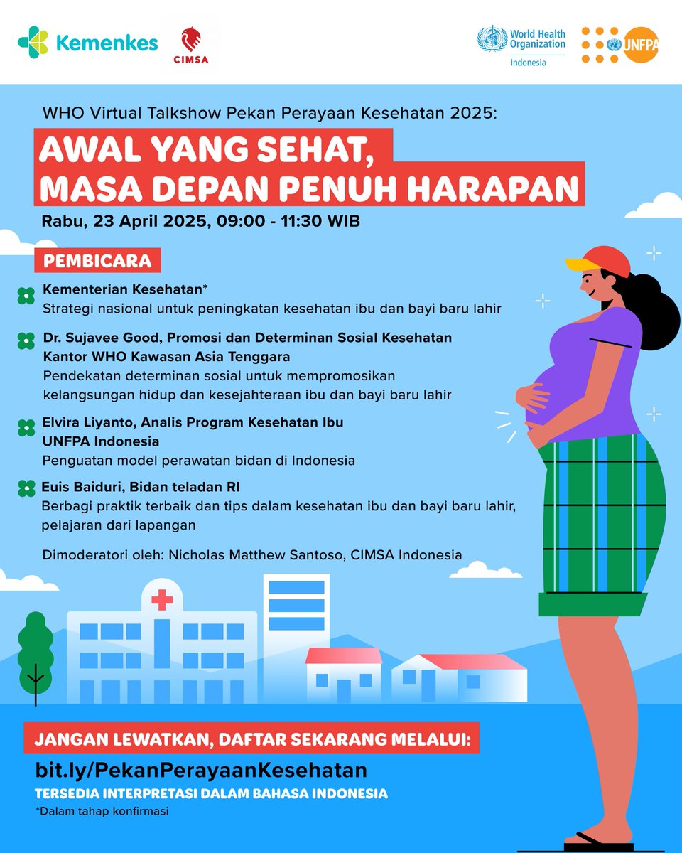 Bergabunglah dengan talkshow peringatan pekan kesehatan dunia 2025 dan peringatan kerjasama ke-75 WHO and Pemerintah Indonesia! 

Ayo segera daftarkan dirimu di bit.ly/PekanPerayaanK…

#SehatUntukSemua