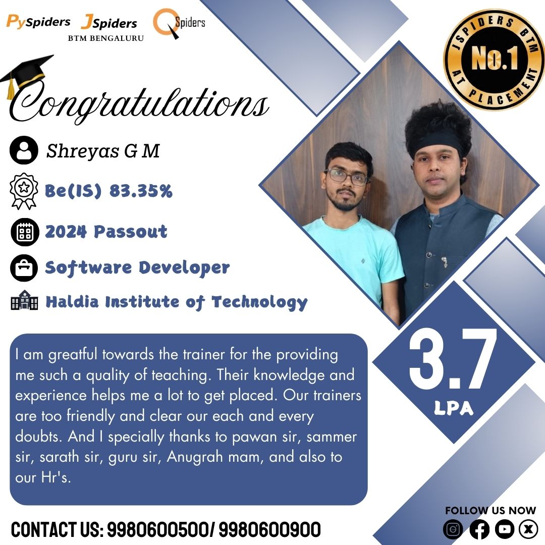 QSpiders_BTM_'s tweet image. 🌟 Huge congratulations to Nishant Kumar for landing a role as a Software Developer with a 3.7 LPA package! 💼
.#ITCareerStart #TechLife #CodingDreams #FirstJobAchieved #SuccessWithJspiders