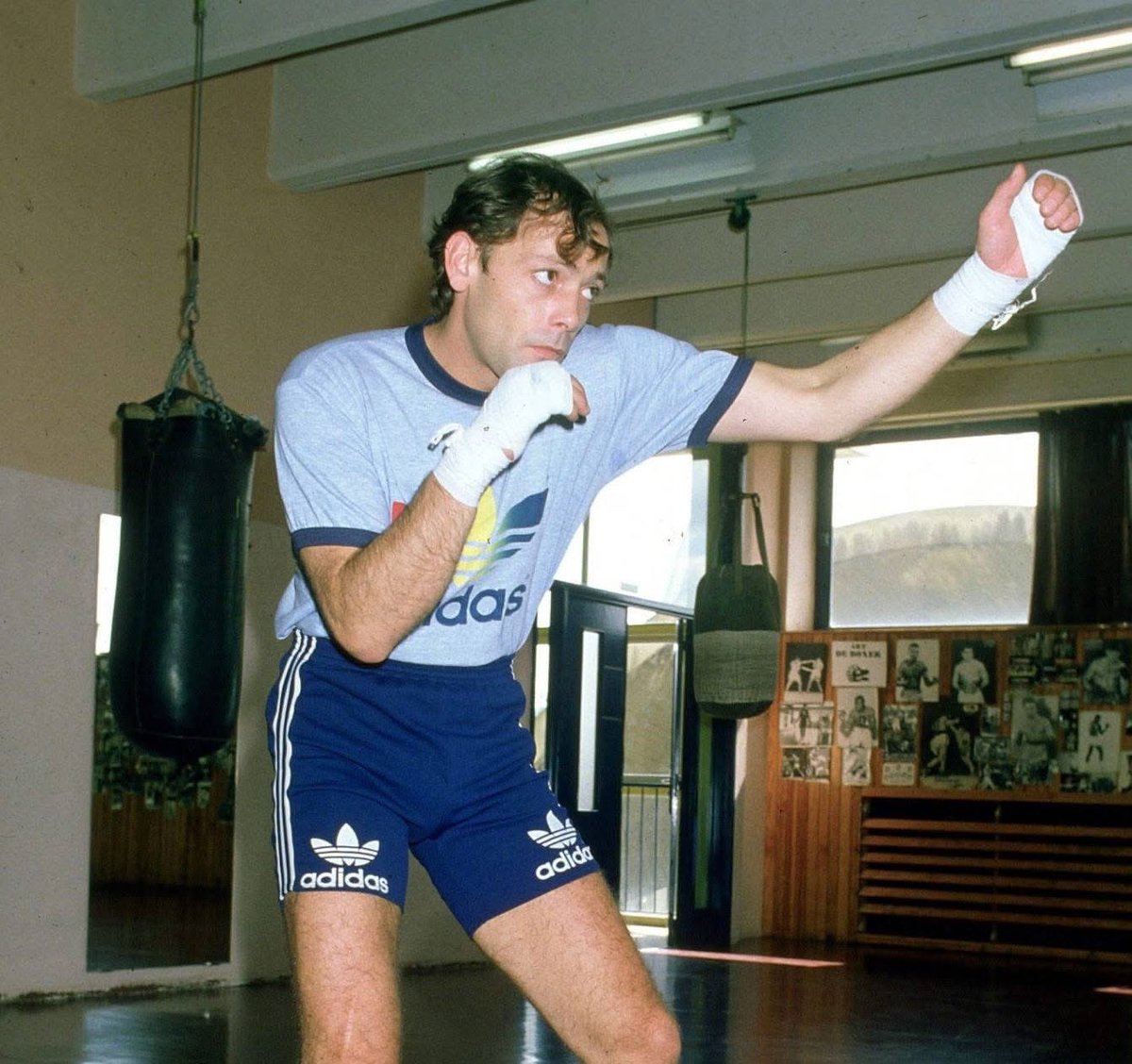 Patrick Dewaere , training boxe for the film "Edith et Marcel" by Claude Lelouch few days before his suicide, 1982.