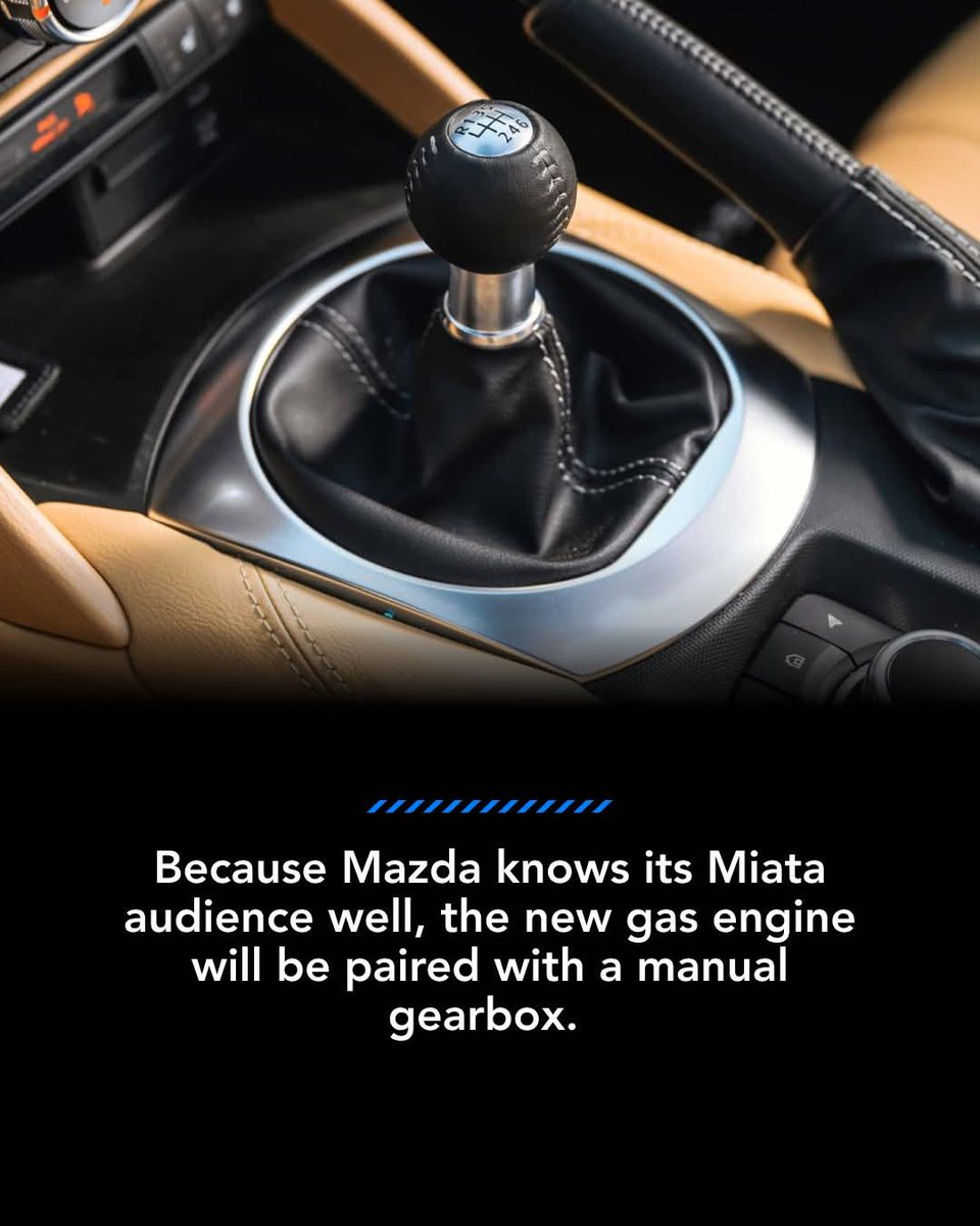 🕹️ The next-generation #MX5 #Miata stays true to its roots—no turbo, just a new 2.5L Skyactiv-Z engine delivering more power with impressive efficiency. Mazda is sticking with the manual transmission and aiming for a curb weight under 1000kg / 2,205 lbs.  Via <a href="/Motor1com/">Motor1</a>
