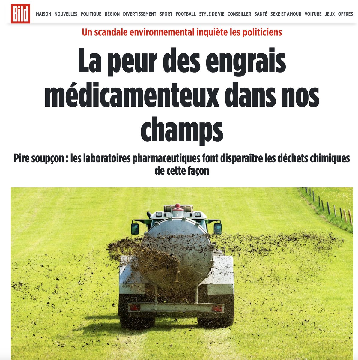 Un énorme scandale vient de naitre en Allemagne et en Hollande. 
Big Pharma ferait disparaître ses déchets dans les engrais et fumiers que les agriculteurs déversent dans leurs champs, empoisonnant la chaîne alimentaire par la même occasion. 
On va suivre cela de très près.