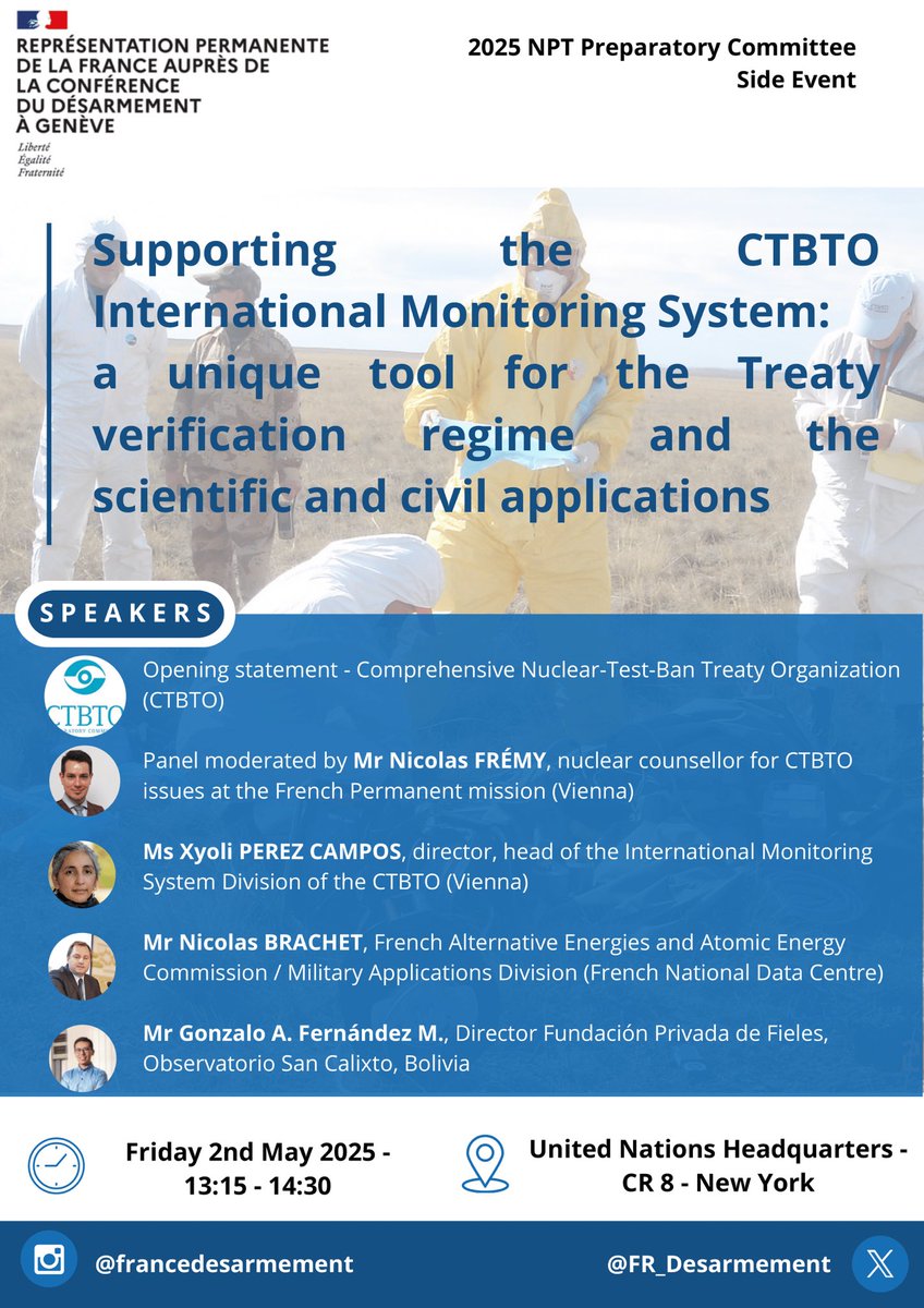 France ONU Vienne 🇫🇷 (@franceonuvienne) on Twitter photo 📣 Join us at the 2025 #NPT #Prepcom side event 
➡️ Supporting the Comprehensive Nuclear-Test-Ban-Treaty Organization (#CTBTO) International Monitoring System
🗓️ Friday 2 May | 🕐 1:15–2:30 PM
📍CR 8 - UN HQ, New York 📣 Join us at the 2025 #NPT #Prepcom side event 
➡️ Supporting the Comprehensive Nuclear-Test-Ban-Treaty Organization (#CTBTO) International Monitoring System
🗓️ Friday 2 May | 🕐 1:15–2:30 PM
📍CR 8 - UN HQ, New York