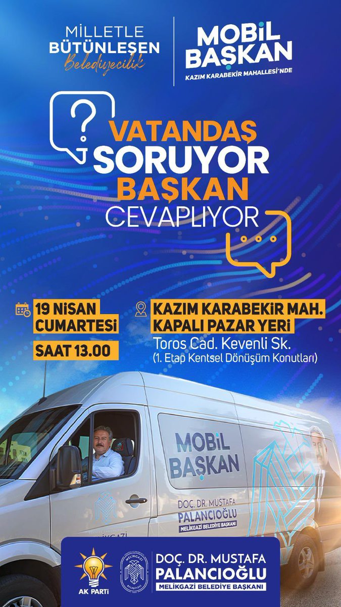 MİLLETLE BÜTÜNLEŞEN BELEDİYECİLİK 💡

Vatandaş Soruyor
<a href="/DrPalancioglu/">Doç. Dr. Mustafa Palancıoğlu</a> Başkan Cevaplıyor

🗓 19 Nisan Cumartesi
📍Kazım Karabekir Mahallesi 
⏰13:00