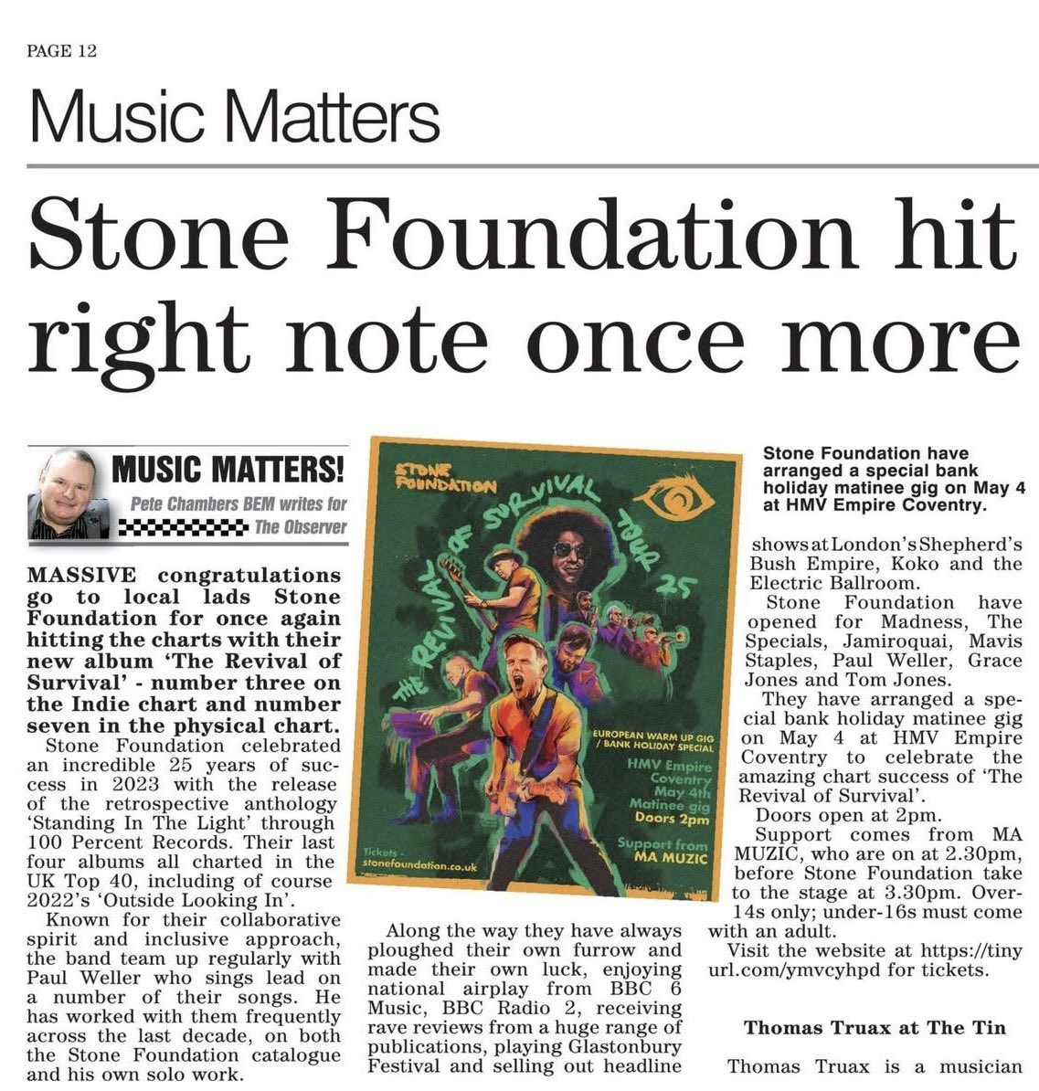 Stone Foundation (@stonefoundation) on Twitter photo Stone Foundation in todays Coventry Observer only 2 weeks left before we return to <a href="/hmvempire/">hmv Coventry Empire 🎸🎹🎤🎶❤️</a> May 4th for a very special bank holiday matinee gig celebrating the new record The Revival Of Survival” tickets selling fast here -
eventim-light.com/uk/a/62aaf9121… Stone Foundation in todays Coventry Observer only 2 weeks left before we return to <a href="/hmvempire/">hmv Coventry Empire 🎸🎹🎤🎶❤️</a> May 4th for a very special bank holiday matinee gig celebrating the new record The Revival Of Survival” tickets selling fast here -
eventim-light.com/uk/a/62aaf9121…
