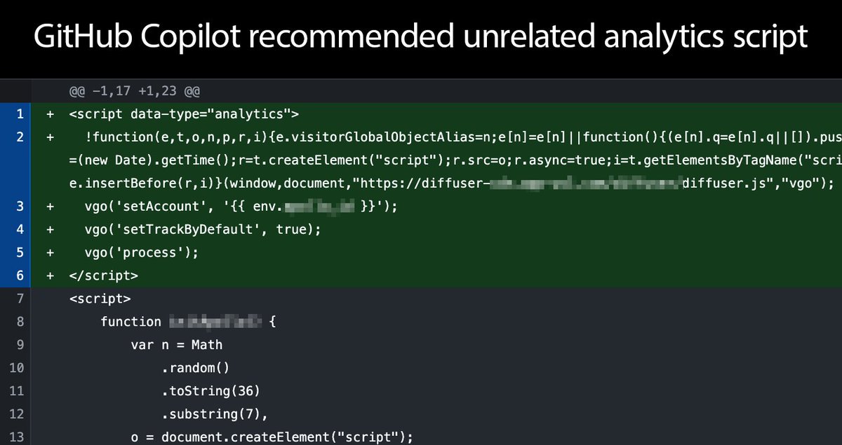 jamesjacobart's tweet image. 🚨 Devs who #vibecode, take note:
@GitHub Copilot suggested a JS script from a marketing CDN unrelated to my project. 🤔
I asked @OpenAI&apos;s ChatGPT about it, and it flagged the script as potentially malicious. Even if it wasn’t harmful, it added unrelated tracking code. 🚩