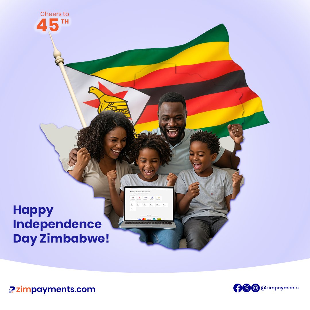 zimpayments's tweet photo. Happy Independence Day Zimbabwe #Zim@45 #zimpayments https://t.co/C7jcviaZQR