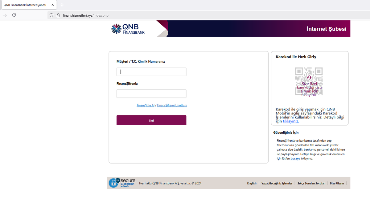 💢Potential Phishing URL: hxxps[://]finanshizmetleri[.]xyz/index[.]php
📌Target Domain URL: hxxps[://]www[.]qnbfinansbank[.]com/
#phishing #qnbphishing #turkeyphishing <a href="/urldna/">urlDNA.io</a> <a href="/urlscanio/">urlscan.io</a> <a href="/phishingalert/">Phishing Alert</a> <a href="/PhishStats/">Phish.Stats</a> <a href="/PhishFindR/">PhishFindR</a> <a href="/ULTRAFRAUD/">ULTRAFRAUD</a> <a href="/Sync_Pundit/">Sync_Pundit 👽😎🔱🔥</a> <a href="/CatcherPhishing/">Phishing Catcher</a> <a href="/tdatwja/">misaki</a>