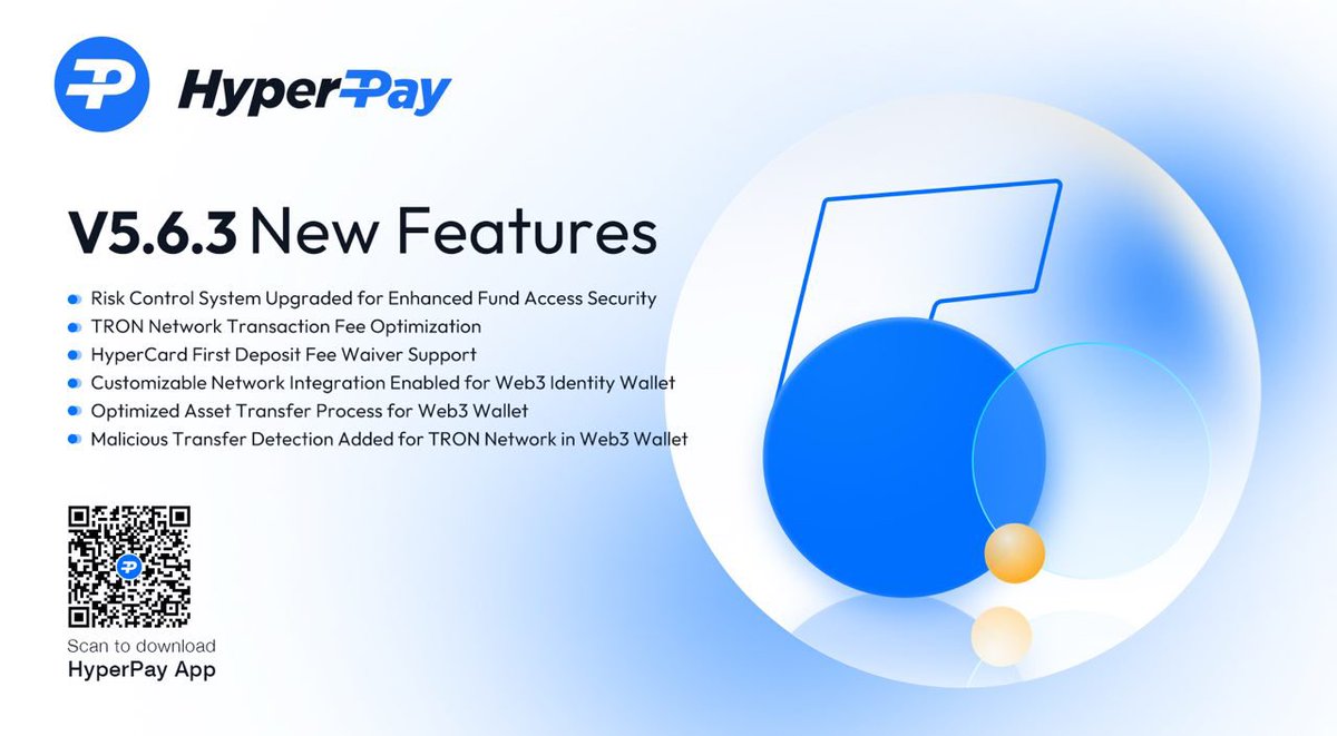 🅿️ HyperPay New APP Version Sprint v5.6.3 Released (Live) Key Updates: ✓  Risk Control System Upgraded for Enhanced Fund Access Security ✓ TRON  Network Transaction Fee Optimization ✓ HyperCard First Deposit Fee