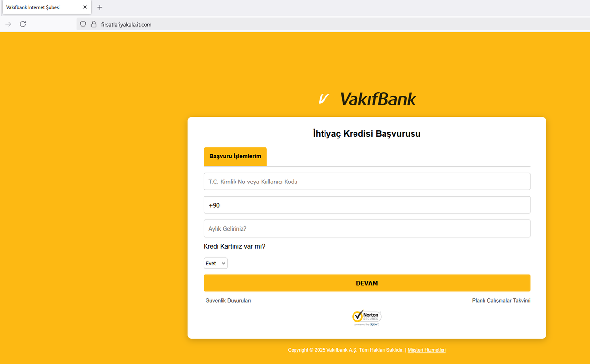 💢Potential Phishing URL: hxxps[://]firsatlariyakala[.]it[.]com/
📌Target Domain URL: hxxps[://]www[.]vakifbank[.]com[.]tr/
#phishing #vakıfbankphishing #turkeyphishing <a href="/urldna/">urlDNA.io</a> <a href="/urlscanio/">urlscan.io</a> <a href="/phishingalert/">Phishing Alert</a> <a href="/PhishStats/">Phish.Stats</a> <a href="/PhishFindR/">PhishFindR</a> <a href="/ULTRAFRAUD/">ULTRAFRAUD</a> <a href="/Sync_Pundit/">Sync_Pundit 👽😎🔱🔥</a> <a href="/CatcherPhishing/">Phishing Catcher</a> <a href="/tdatwja/">misaki</a>