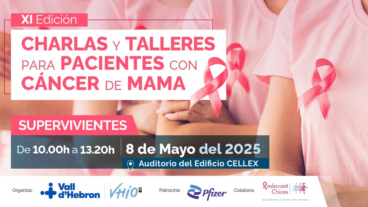 Vall d’Hebron Institute of Oncology (VHIO) (@vhio) on Twitter photo 📣 XI Edición de charlas y talleres para pacientes con #CáncerDeMama: Supervivientes ‼️
💬 Con <a href="/BelletMeritxell/">Meritxell Bellet</a>, <a href="/pujol_blaya/">v pujol blaya</a>, Vanessa Ortega, @nriaduranmart1 y Esther Gonzalo
🗓️ 8 de mayo ⏰ 10 h
Cada jornada incluye tres charlas y dos talleres a elegir 👉 📣 XI Edición de charlas y talleres para pacientes con #CáncerDeMama: Supervivientes ‼️
💬 Con <a href="/BelletMeritxell/">Meritxell Bellet</a>, <a href="/pujol_blaya/">v pujol blaya</a>, Vanessa Ortega, @nriaduranmart1 y Esther Gonzalo
🗓️ 8 de mayo ⏰ 10 h
Cada jornada incluye tres charlas y dos talleres a elegir 👉