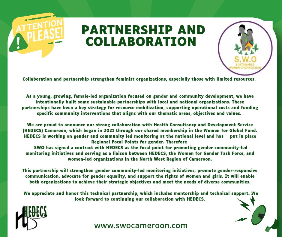 Sustainable Women Organization(SWO) (@sustainablewom1) on Twitter photo Collaboration and partnership strengthen feminist organizations, especially those with limited resources. <a href="/SustainableWom1/">Sustainable Women Organization(SWO)</a> signs partnership with <a href="/hedecscam/">Hedecs cameroon</a> to promote their activities on national gender community led monitoring (CLM) Collaboration and partnership strengthen feminist organizations, especially those with limited resources. <a href="/SustainableWom1/">Sustainable Women Organization(SWO)</a> signs partnership with <a href="/hedecscam/">Hedecs cameroon</a> to promote their activities on national gender community led monitoring (CLM)