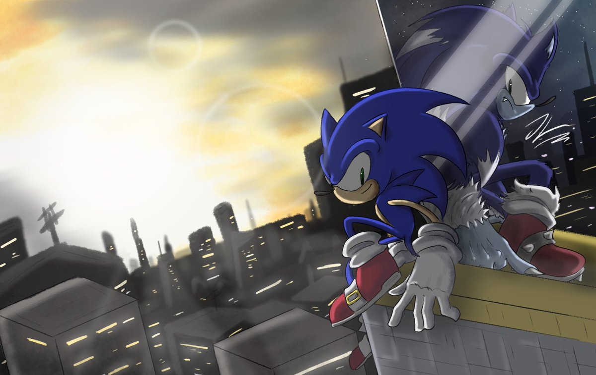 JoseLoq1608's tweet photo. Un dibujito de Sonic Unleashed inspirado en la portada de Spiderman 3 (el fondo lo hice con extrema flojera) https://t.co/3WSKAZjpDo