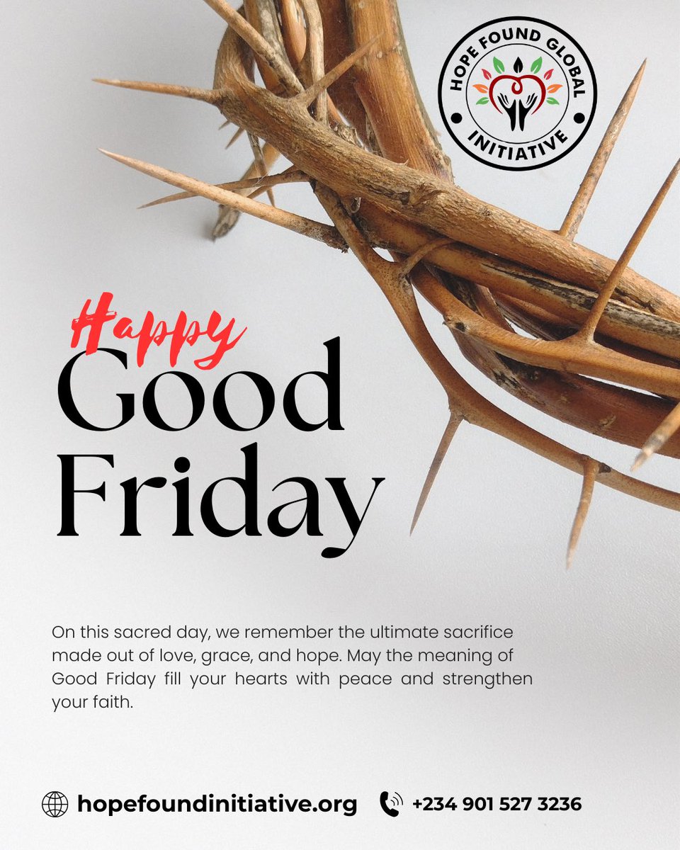 Hopefound_1's tweet photo. On this Good Friday, we remember the ultimate sacrifice and the power of hope. May this day renew our strength to keep making a difference.

#GoodFriday #HopeInAction #HopeFoundGlobalInitiative  #CompassionAndCare #ServingWithLove https://t.co/Gthnd7Fslh