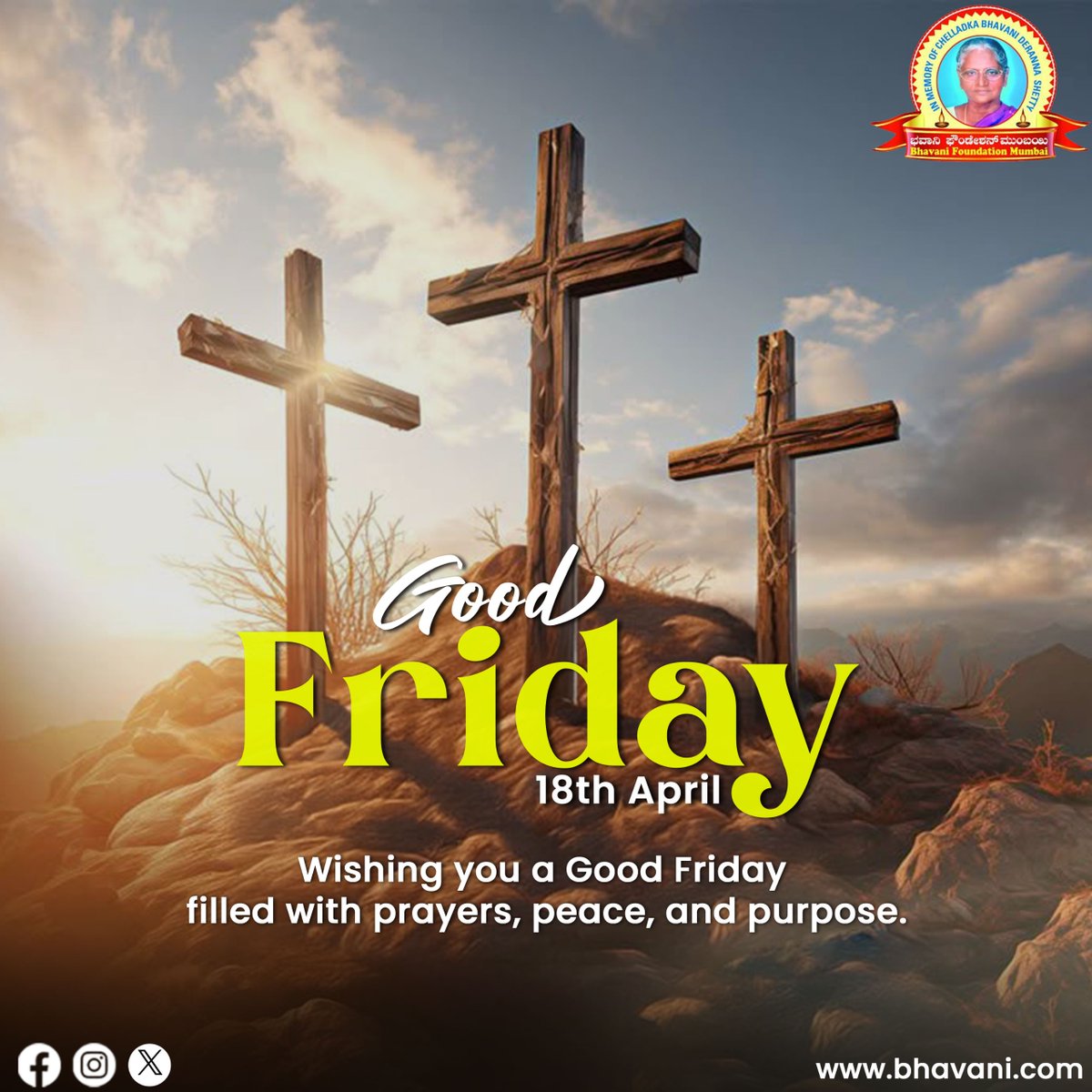 On this solemn day, may the spirit of Good Friday bring peace, hope, and compassion into your life.
✨ Bhavani Foundation wishes you a reflective and blessed Good Friday.

#GoodFriday #PeaceAndHope #FaithOverFear #BhavaniFoundation #BlessedFriday #HopeInDarkness