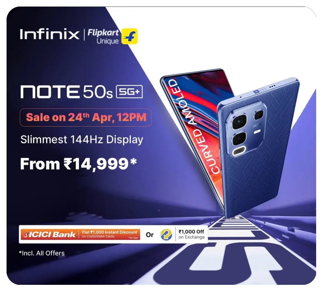 TechHome100's tweet image. Infinix Note 50s 5G+ launched in India 🇮🇳

🔸6.78&quot; FHD+ 144Hz 3D Curved AMOLED Display, 1300nits Peak Brightness
🔸Dimensity 7300 Ultimate
🔸64MP IMX682 + 2MP
🔸13MP Front
🔸5500mAh🔋+ 45W⚡

Price 💰 
15999₹ ~ 8+128GB
17999₹ ~ 8+256GB
#Infinix #InfinixNote50s 
1/2🧵
