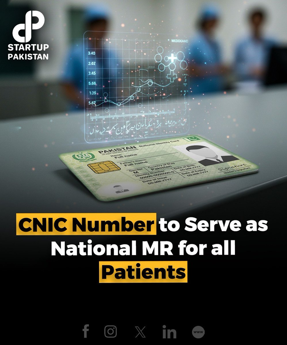 PakStartup's tweet photo. The Ministry of Health and NADRA are collaborating to launch the "One Patient One ID" system, which will link patients' medical records to their CNIC numbers, allowing easy access across Pakistan.
#DigitalHealth #HealthcareInnovation #PakistanHealthSystem #NADRA #Telemedicine https://t.co/cHLQQUPZmd
