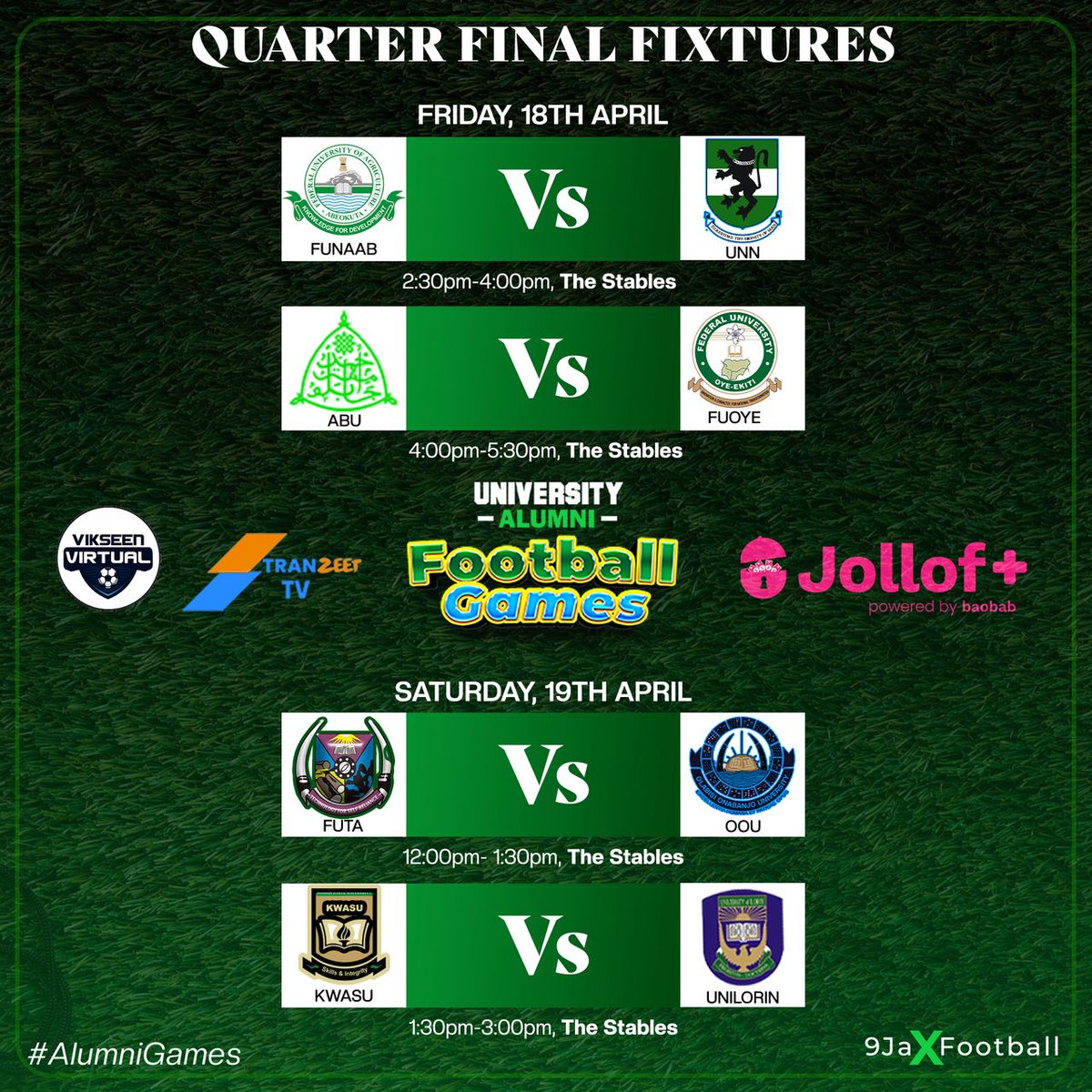 AareMusbau (@musbauceo) on Twitter photo Today, I will feature in my first game for <a href="/abualumnifc/">A.B.U ALUMNI FOOTBALL CLUB</a> in the Quarter Finals of #UniversityAlumniGames at Stables, Surulere by 4pm👌
Really can't wait. Tournament well packaged by <a href="/Nsukka_okpa/">Oyiga Micheal</a> <a href="/9jaXFootball/">ALL STARS FOOTBALL MATCH</a> #JollofPlusAlumniGames Today, I will feature in my first game for <a href="/abualumnifc/">A.B.U ALUMNI FOOTBALL CLUB</a> in the Quarter Finals of #UniversityAlumniGames at Stables, Surulere by 4pm👌
Really can't wait. Tournament well packaged by <a href="/Nsukka_okpa/">Oyiga Micheal</a> <a href="/9jaXFootball/">ALL STARS FOOTBALL MATCH</a> #JollofPlusAlumniGames