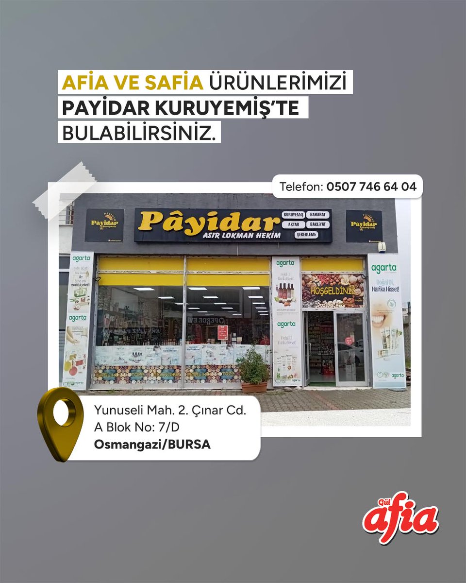 AfiaOlsun's tweet photo. AFİA ve SAFİA Ürünlerimizi PAYİDAR KURUYEMİŞ'TE bulabilirsiniz.
📍 Yunuseli Mah. 2. Çınar Cd. A Blok No: 7D Osmangazi/BURSA
📞 0507 746 64 04
İyi Alışverişler!
#afiaolsun #afiasatisnoktasi #afiamarketleri #helalmarket #osmangazi #helalmarket #helalafia #afia #afiagida #bursa https://t.co/cjSgRRYdbw
