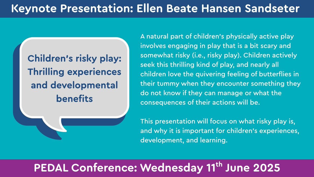 PEDAL Cam (@pedalcam) on Twitter photo Join us at the #PEDALConference2025 where <a href="/EllenBSandseter/">Ellen Beate</a> will present the 2025 David Whitebread Memorial Lecture: "Children’s risky play: Thrilling experiences and developmental benefits" 🛝
Learn more at: pedalhub.net/conference2025…
Book your tickets at: pedalhub.net/conference2025 Join us at the #PEDALConference2025 where <a href="/EllenBSandseter/">Ellen Beate</a> will present the 2025 David Whitebread Memorial Lecture: "Children’s risky play: Thrilling experiences and developmental benefits" 🛝
Learn more at: pedalhub.net/conference2025…
Book your tickets at: pedalhub.net/conference2025