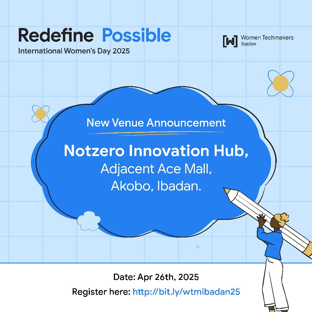 wtm_ibadan's tweet photo. 🚨 New Venue Alert! 🚨

We're excited to announce that our Women Techmakers Ibadan International Women's Day 2025 event has a new venue! 🌟

To accommodate and prioritize your comfort we're moving to: Notzero Innovation Hub, Adjacent to Ace Mall, Akobo, Ibadan 📍 https://t.co/TzV9a3qI7m