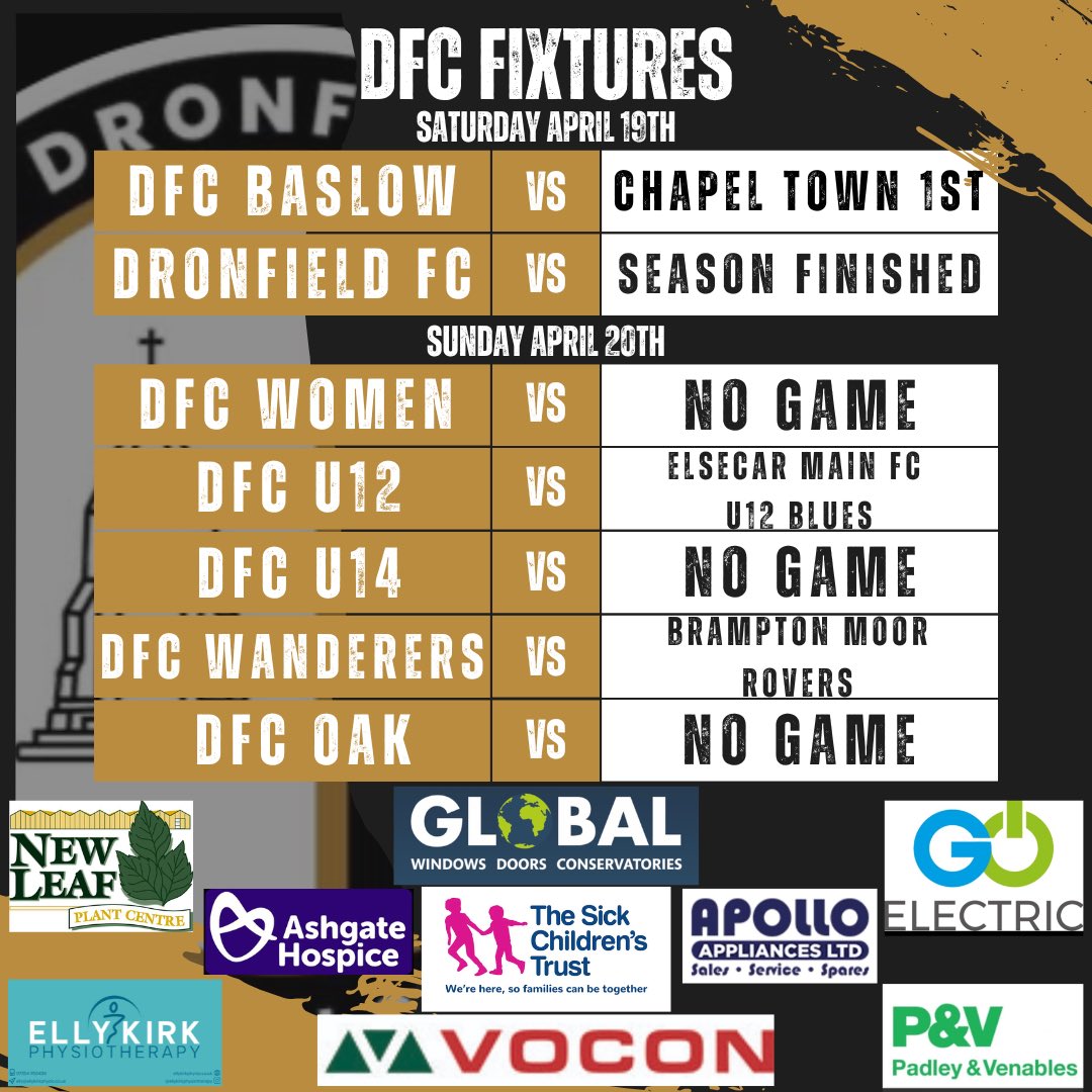 Dronfield FC (@dronfield_fc) on Twitter photo A look towards our bank holiday weekend games
Only 3 games on this weekend all at the home of DFC Gladys Buxton
Biggest game of the weekend is our outstanding U12s who take on Elsecar
<a href="/global_windows/">Global Windows</a> <a href="/EllyKirkPhysio/">Elly Kirk</a>
<a href="/NewLeafPlantCtr/">New Leaf PlantCentre</a> <a href="/Ashgate_Hospice/">Ashgate Hospice</a> A look towards our bank holiday weekend games
Only 3 games on this weekend all at the home of DFC Gladys Buxton
Biggest game of the weekend is our outstanding U12s who take on Elsecar
<a href="/global_windows/">Global Windows</a> <a href="/EllyKirkPhysio/">Elly Kirk</a>
<a href="/NewLeafPlantCtr/">New Leaf PlantCentre</a> <a href="/Ashgate_Hospice/">Ashgate Hospice</a>