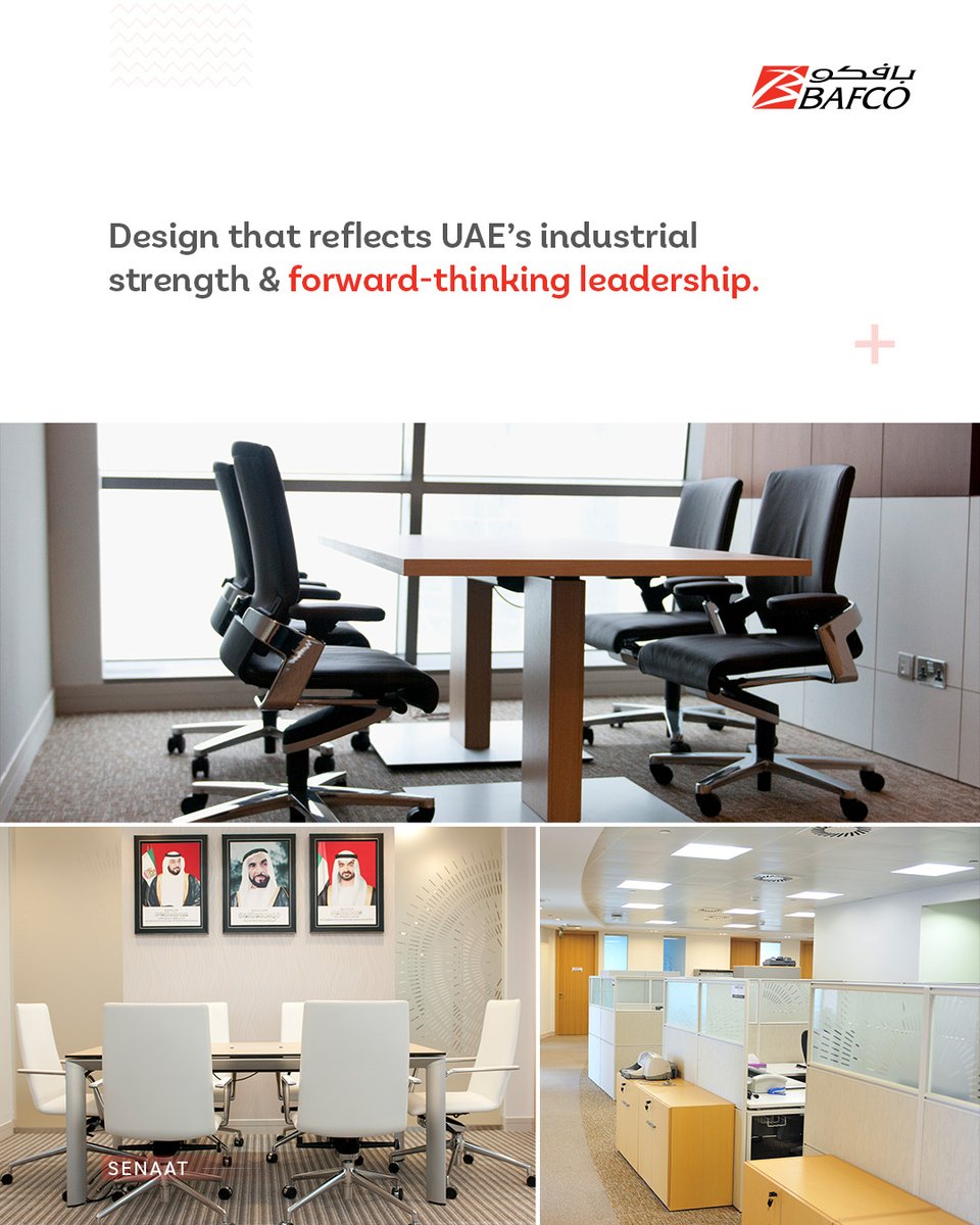 bafco's tweet photo. Proud to partner with Senaat—one of the UAE’s leading industrial investment firms—on a workspace that reflects their strength, structure, and purpose.From executive suites to collaborative zones, every detail was designed to support focus, efficiency, and long-term performance. https://t.co/fa9kB0CKTV